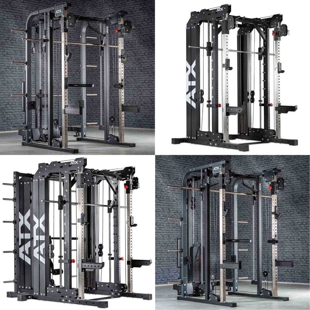 Four images of a multi-functional gym machine in a gray room. The equipment features pull-up bars, cable pulleys, and adjustable weights, suitable for various strength training exercises.