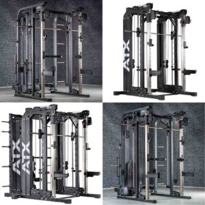 Four images of a multi-functional gym machine in a gray room. The equipment features pull-up bars, cable pulleys, and adjustable weights, suitable for various strength training exercises.