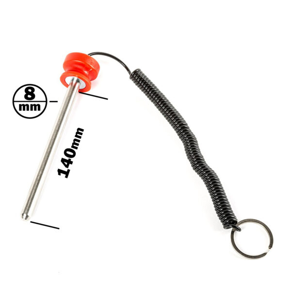 The Magnetic 8mm Weight Stack Pin 140mm features a red-capped metal pin, 140mm in length, attached to a black coiled wire with a keyring. The pin diameter is 8mm.