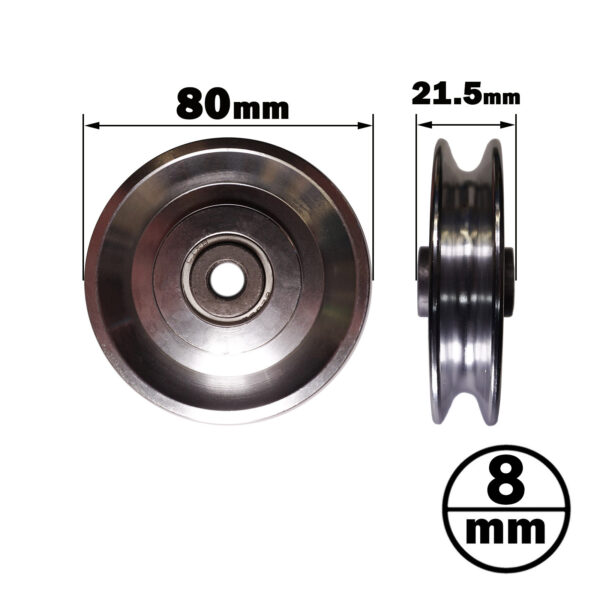Two views of the 80 mm Aluminium Pulley: front and side, with dimensions of 80mm diameter, 21.5mm thickness, and an inner hole diameter of 8mm.