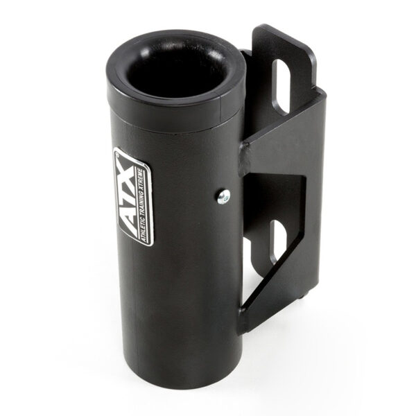 The ATX® Barbell Storage is a black metal wall-mounted rack with a cylindrical holder, a secure bracket, and the ATX logo sticker on the front.