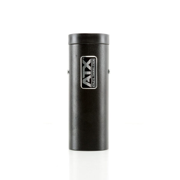 A black, cylindrical ATX® Barbell Storage accessory stands upright against a white background, featuring a sleek design and centered logo.