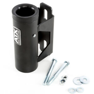 A black ATX® Barbell Storage unit with mounting brackets, bolts, nuts, and washers arranged beside it on a white background.