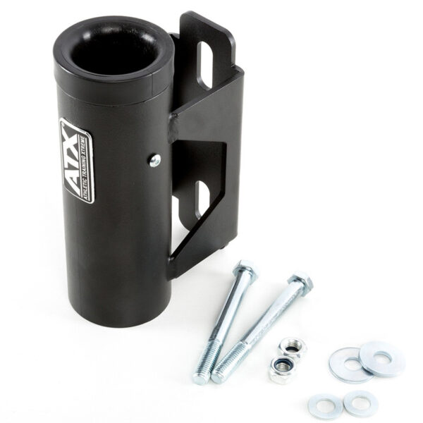 A black ATX® Barbell Storage unit with mounting brackets, bolts, nuts, and washers arranged beside it on a white background.