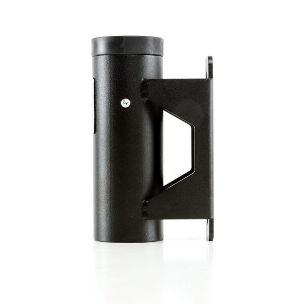 The ATX® Barbell Storage, a black cylindrical wall mount bracket with a side handle for secure attachment, is shown against a plain white background.