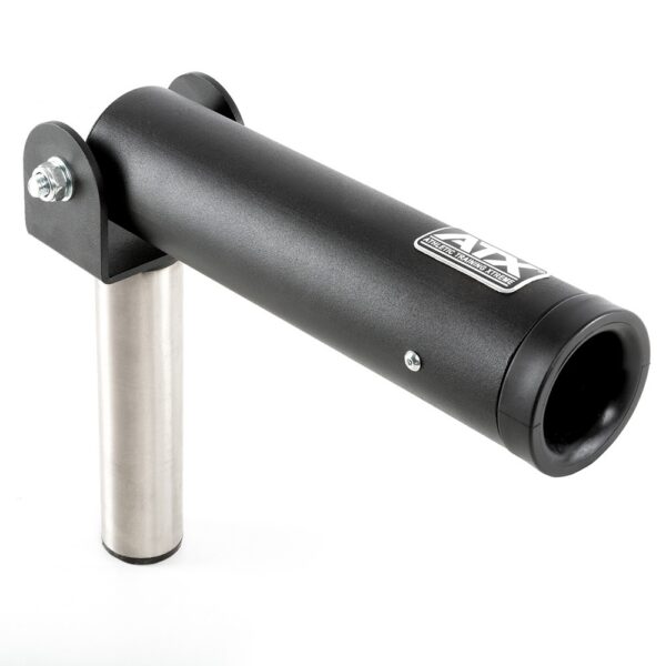 The ATX® Post Landmine features a black rod holder mounted on a silver base with bolts and a logo on the side. Resembling a landmine gym attachment, it is designed for marine use with a cylindrical shape and an open top for securing fishing rods.