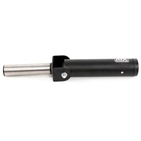 The ATX® Post Landmine is a black and silver metal cylinder with a mounting bracket and bolt, designed to secure to a barbell. This essential gym accessory enhances workouts with rotational movement for weightlifting exercises.