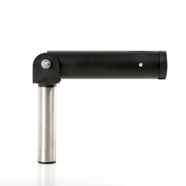 The ATX® Post Landmine is a black and silver cylindrical mechanical component resembling a gym hinge, featuring visible bolts at the connection. It has a sleek, industrial design set against a plain white background.