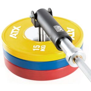 The ATX® Post Landmine gym setup features a barbell loaded with three plates: a 15 kg yellow plate on top, followed by blue and red plates. Each plate boasts the ATX branding, and the barbell end has a metal sleeve with black detailing.