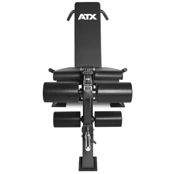 The ATX Leg Extension Leg Curl Machine is a black adjustable gym bench with padded leg support rollers and an adjustable backrest, ideal for lower body workouts. It stands upright against a white background.