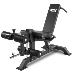 The ATX Leg Extension Leg Curl Machine is an adjustable exercise bench with a padded seat and backrest, designed for versatile strength training.