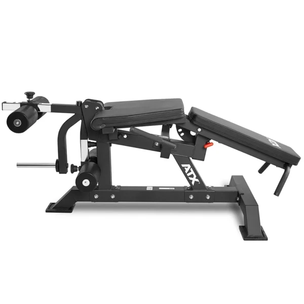 The ATX Leg Extension Leg Curl Machine features a sturdy metal frame, padded seat and leg supports, and adjustable settings for effective lower body workouts. ATX branding on the side assures quality in every session.