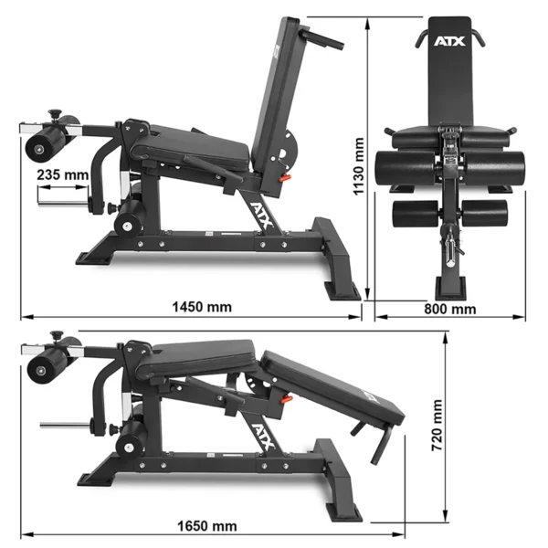 The ATX Leg Extension Leg Curl Machine is a versatile workout bench that serves as a leg extension unit with adjustable back support. Its dimensions include a height of 1130 mm, width of 800 mm, depth ranging from 1450 to 1650 mm, and seat adjustments at 720 mm and 235 mm.