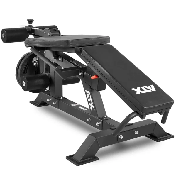 The ATX Leg Extension Leg Curl Machine is an adjustable black weight bench with a padded backrest and seat, featuring leg rollers for versatility and sturdy metal construction, ideal for various strength training exercises.