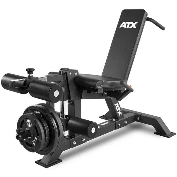 The ATX Leg Extension Leg Curl Machine features an adjustable design with a black padded seat and backrest, sturdy metal frame, and weight plates on one side, ideal for resistance training.