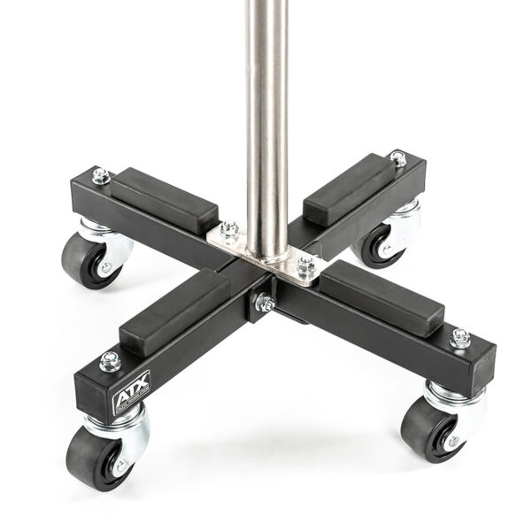 The ATX® Rolling Bumper Stacker is a metal stand with a central pole, cross-shaped base, reinforced corners, four caster wheels for easy mobility, and features a prominent logo on one side.