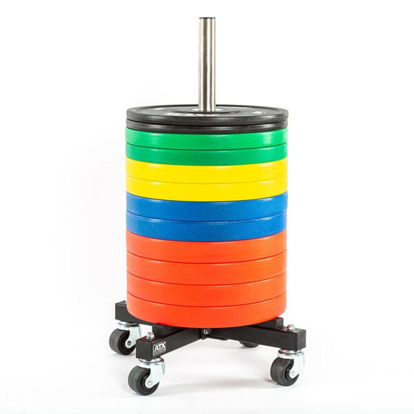 The ATX® Rolling Bumper Stacker holds a stack of colorful weight plates—black, green, yellow, blue, and red—in vertical color order on a wheeled rack against a white background.