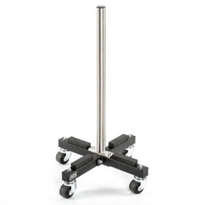 The ATX® Rolling Bumper Stacker features a metal pole on a black, cross-shaped base with four caster wheels and adjustable supports for holding various equipment or tools.