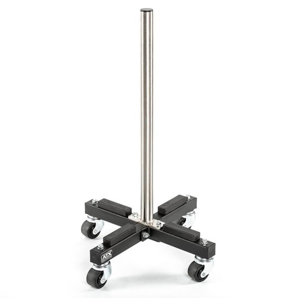 The ATX® Rolling Bumper Stacker features a metal pole on a black, cross-shaped base with four caster wheels and adjustable supports for holding various equipment or tools.