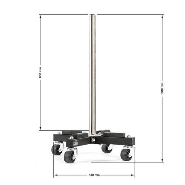 The ATX® Rolling Bumper Stacker features a metal stand with a vertical pole, 500 mm pole height, and 1000 mm overall height. Its wheeled rectangular base is 610 mm wide, equipped with four swivel casters for easy mobility.