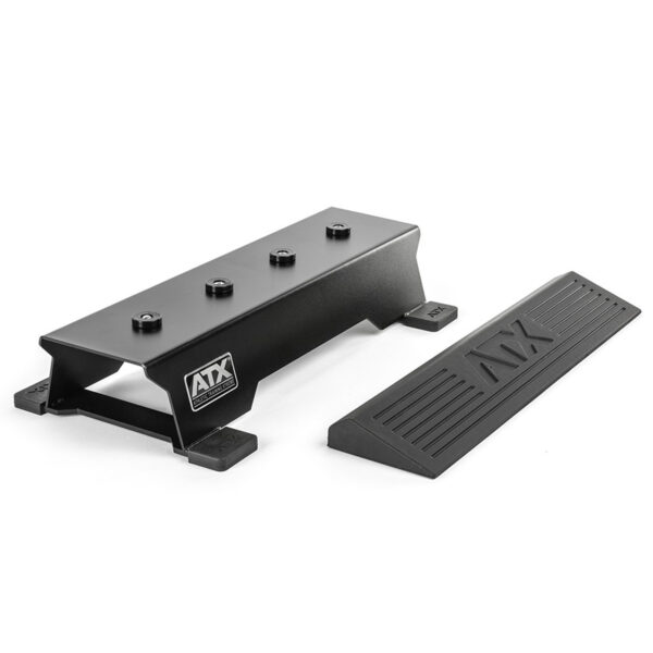 The ATX® Calf Block is a sleek black metal stand designed for horizontal mounting. It features a rectangular acrylic side panel with fine grooves and the ATX logo, offering multiple mounting points, all elegantly displayed on a white background.