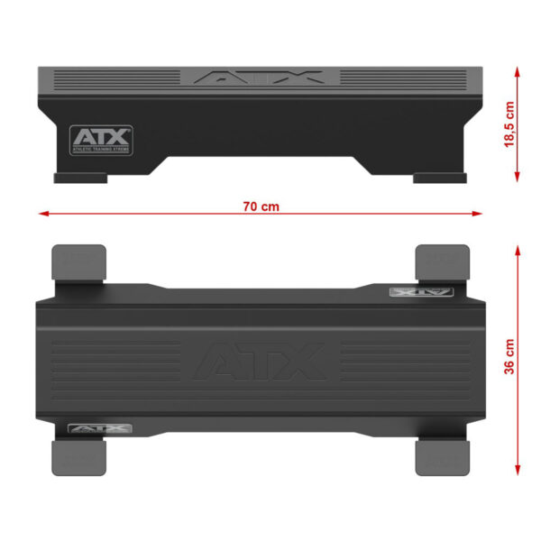 Image showing two black ATX® Calf Block pads, perfect for enhancing your workout space. The longer pad measures 70 cm in width, ideal for calf exercises. The shorter pad is 18.5 cm high and 38 cm wide, placed side-by-side for easy comparison.