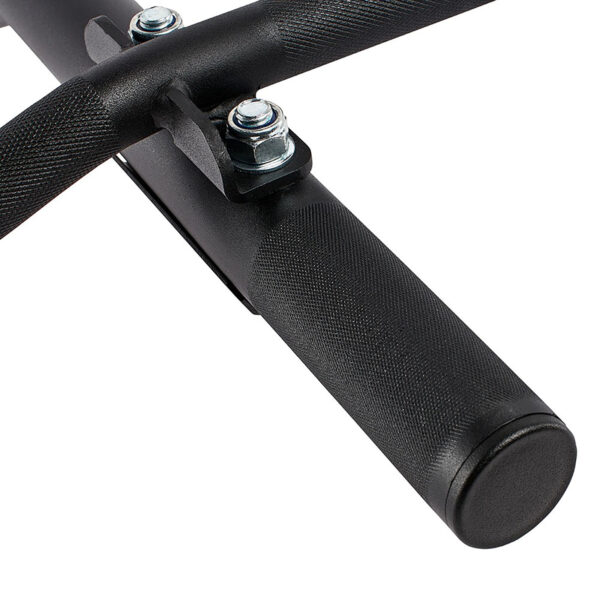 Close-up of the ATX® Chin Up Bar Wall Mounted with textured black metal grips and two shiny metallic bolts, showcasing a sleek, sturdy design ideal for fitness equipment or machinery.