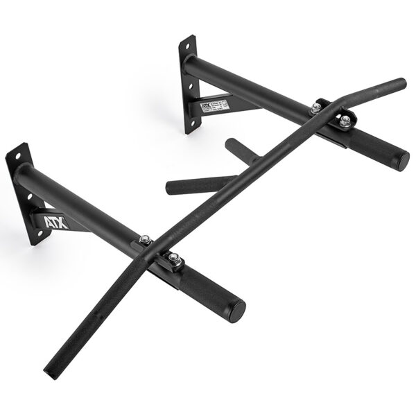 The ATX® Chin Up Bar Wall Mounted is a black pull-up bar with multiple grip options, sturdy metal construction, angled handles, cushioned grips, and features the ATX brand label.