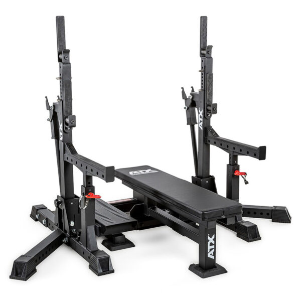 The ATX® Competition Combo Rack is a black adjustable weightlifting bench with dual squat racks, durable construction, safety pins, and customizable settings, featuring the ATX brand logo.