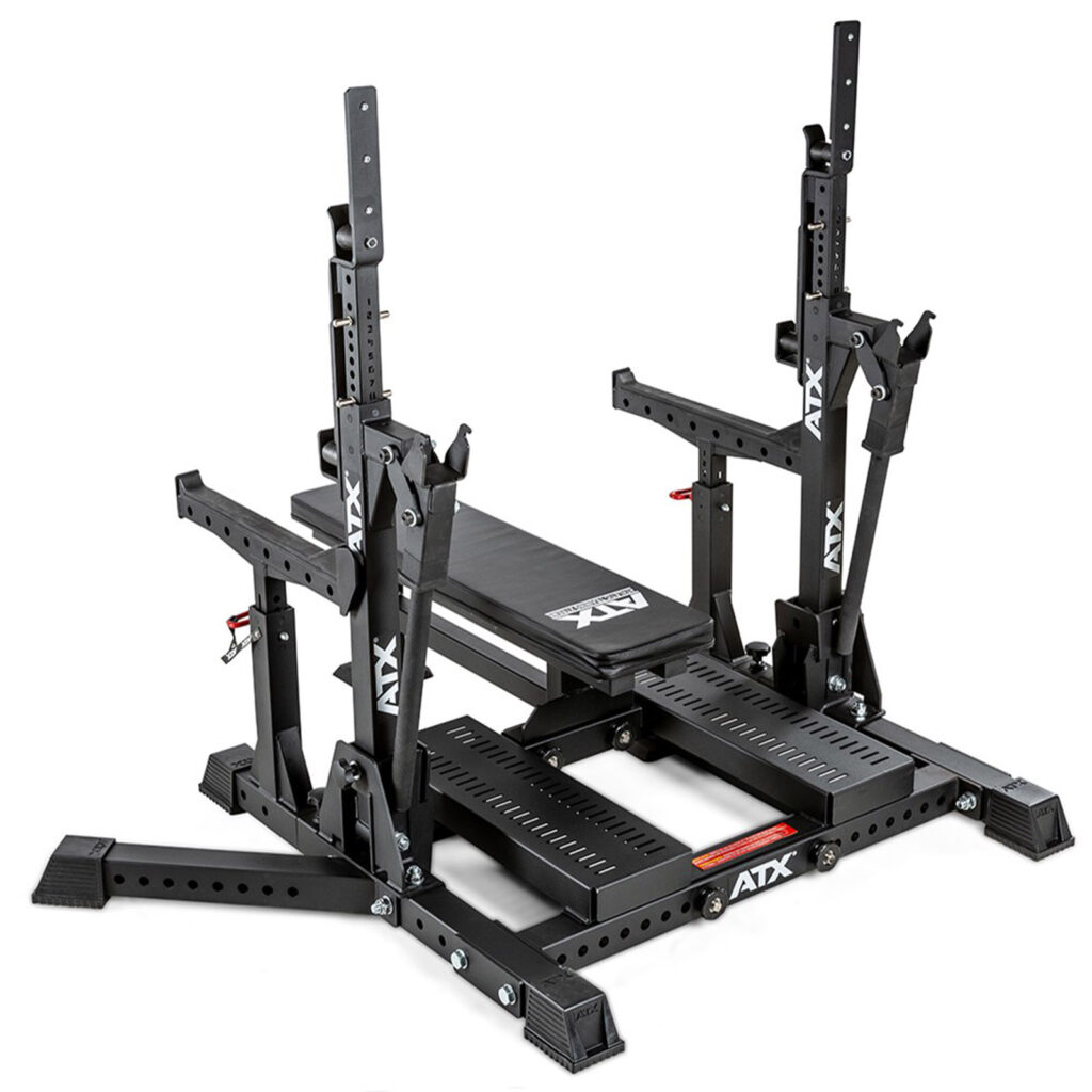 The ATX® Competition Combo Rack is a black bench press featuring adjustable barbell holders, spotter arms, multiple angle settings, and sturdy metal construction for weightlifting exercises.