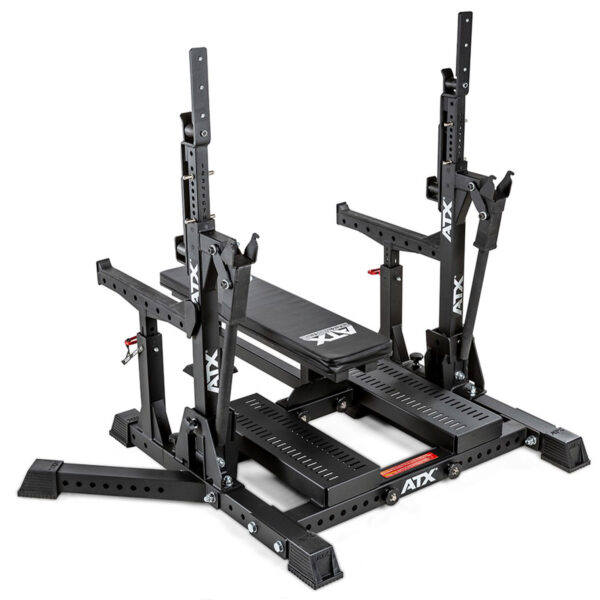 The ATX® Competition Combo Rack is a black bench press featuring adjustable barbell holders, spotter arms, multiple angle settings, and sturdy metal construction for weightlifting exercises.