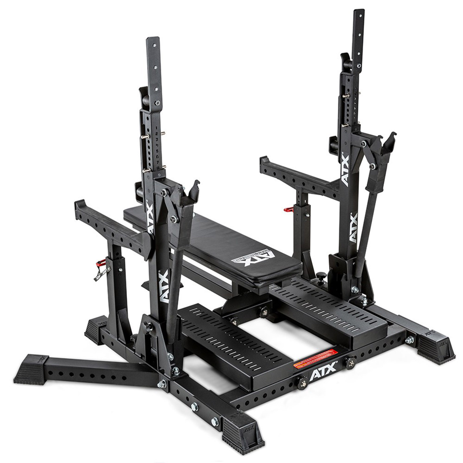 The ATX® Competition Combo Rack is a black bench press featuring adjustable barbell holders, spotter arms, multiple angle settings, and sturdy metal construction for weightlifting exercises.