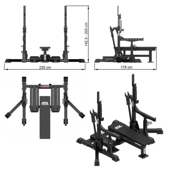 Illustration of the ATX® Competition Combo Rack: a multi-functional gym bench with adjustable racks. Displays various views and dimensions: 230 cm width, 178 cm depth, height adjustable from 142.5 to 200 cm, featuring the ATX logo.
