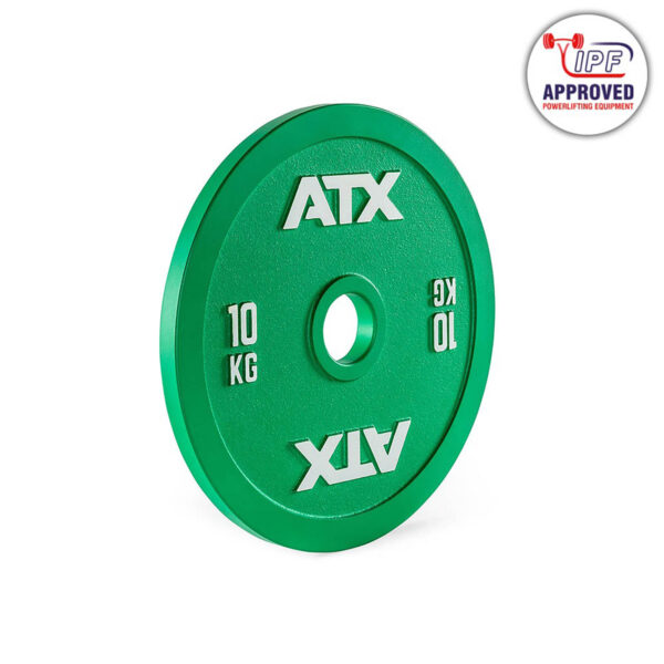 A green ATX® Olympic 25kg Calibrated Steel Plate is shown against a white background, featuring ATX and 10 KG in white text. A logo in the corner reads, IPF Approved Powerlifting Equipment.