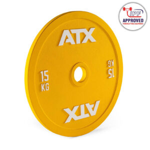 Yellow ATX® Olympic 25kg Calibrated Steel Plate with the logo and IPF Approved badge in the top right corner.