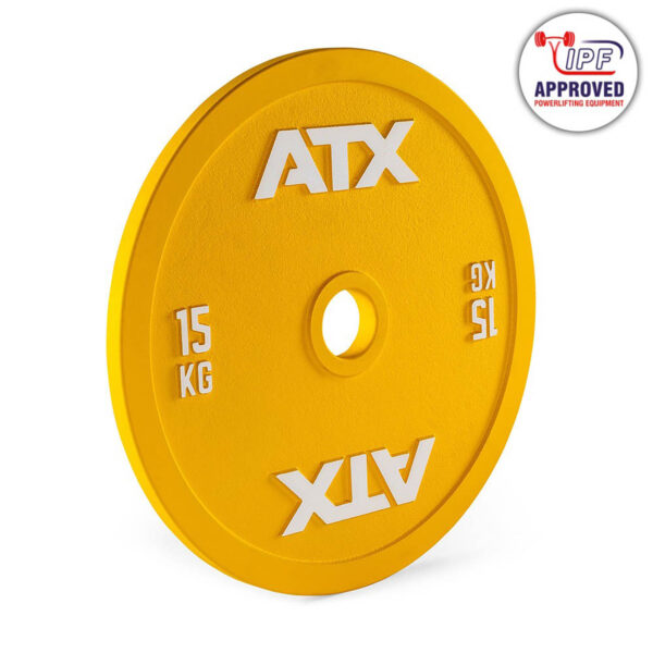 Yellow ATX® Olympic 25kg Calibrated Steel Plate with the logo and IPF Approved badge in the top right corner.