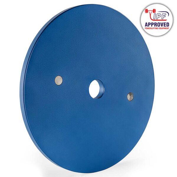 The ATX® Olympic 25kg Calibrated Steel Plate is a blue metal powerlifting plate with a central circular hole, features two small surface-embedded magnets, and has a sticker in the top right corner reading IPF Approved Powerlifting Equipment with a barbell graphic.