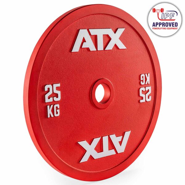 The ATX® Olympic 25kg Calibrated Steel Plate in red, featuring white 25 KG lettering and the IPF approval logo for powerlifting equipment, is showcased.