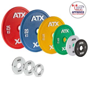 The ATX® Olympic Calibrated Steel Plates set, with IPF Approved top-right, includes 0.5 kg to 25 kg plates in red, blue, yellow, green, white and black colors. Each is size-marked and labeled ATX.