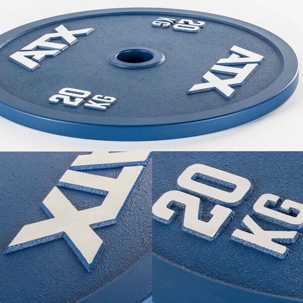 A close-up of a blue ATX® Olympic 25kg Calibrated Steel Plate with raised white lettering, displaying the weight mark. The image captures the texture and details of these plates from various angles.