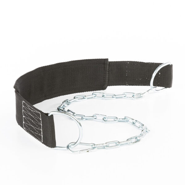 The ATX® Nylon Dip Belt is a black nylon dip belt featuring a sturdy metal chain and large steel rings, ideal for adding weight plates to increase workout resistance. The chain securely attaches to both ends of the belt for safe lifting.