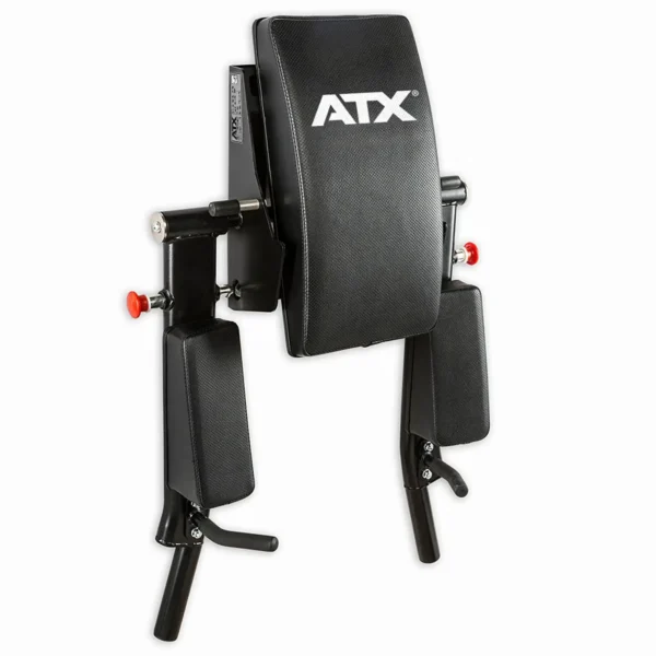 The ATX® Wall Mounted Knee Raise & Dip machine is designed for upper body strength training, featuring two padded arms and a backrest. It boasts a sturdy metal frame with adjustable components and can also function as a leg raising machine for added versatility in your workout routine.