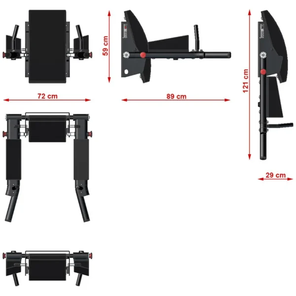 Diagram of the ATX® Wall Mounted Knee Raise & Dip station showcasing its dimensions. The front view is 72 cm wide, 59 cm tall, and has an overall height of 121 cm. The side view extends 89 cm from the wall with a thickness of 29 cm. This efficient machine is designed for leg raises and includes handles and padded areas for exercise.