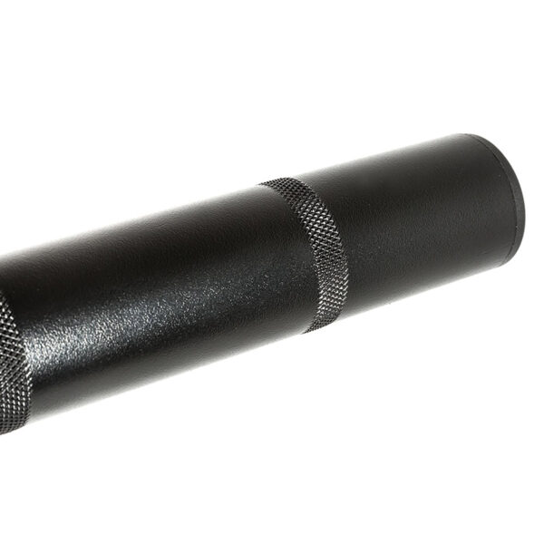 Close-up of the ATX® Dip Station's black metal cylindrical handle with a textured grip section, reminiscent of workout machine handles. The shiny surface highlights the intricate texture against its smooth finish.