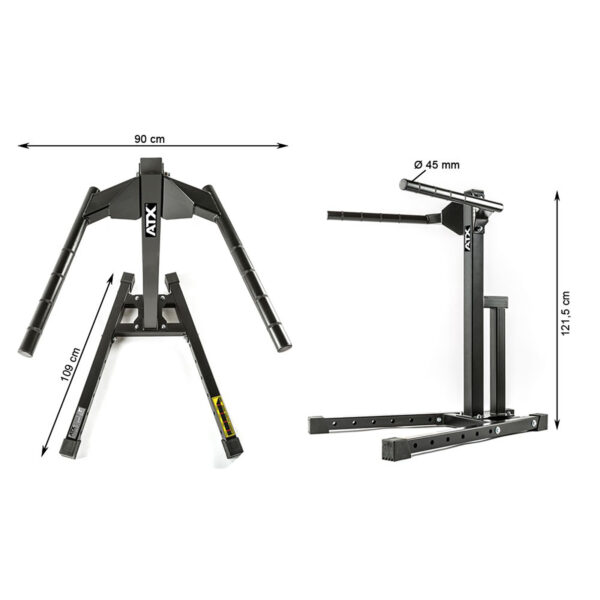 The ATX® Dip Station, perfect for intensive dip exercises, features dual-view dimensions. In the front view, you can see handlebars marked with the ATX logo that span a width of 90 cm and a base measuring 109 cm. The side view reveals a height of 121.5 cm and a tube diameter of 45 mm, making it an excellent choice for any workout routine due to its robust construction.