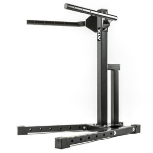 The ATX® Dip Station is a black exercise machine with a sturdy frame and adjustable height settings, perfect for upper body workouts. It includes parallel bars and a stable base with rubber foot caps, making it ideal for both home and gym environments.