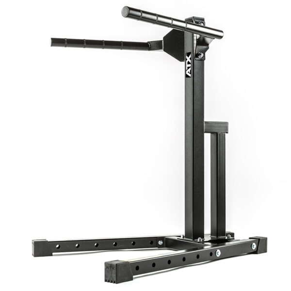 The ATX® Dip Station is a black exercise machine with a sturdy frame and adjustable height settings, perfect for upper body workouts. It includes parallel bars and a stable base with rubber foot caps, making it ideal for both home and gym environments.