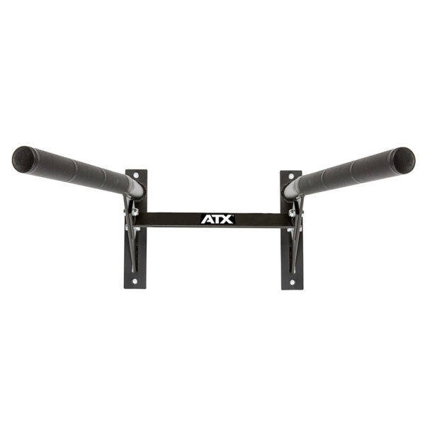 The ATX® Wall Mounted Dip Bars feature two parallel grips enhanced with black padded material and showcase the iconic ATX logo in the center. Their sturdy design includes metal brackets for easy wall installation, making them a perfect addition to any dip station wall mount setup.