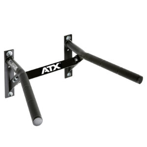 The ATX® Wall Mounted Dip Bars serve as both a chin-up bar and a dip station with comfortable padded grips. It includes two robust black metal plates, each fastened securely with four bolts, showcasing the signature ATX logo on the central support bar.