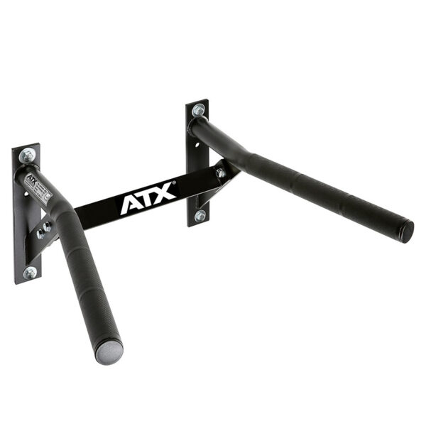 The ATX® Wall Mounted Dip Bars serve as both a chin-up bar and a dip station with comfortable padded grips. It includes two robust black metal plates, each fastened securely with four bolts, showcasing the signature ATX logo on the central support bar.